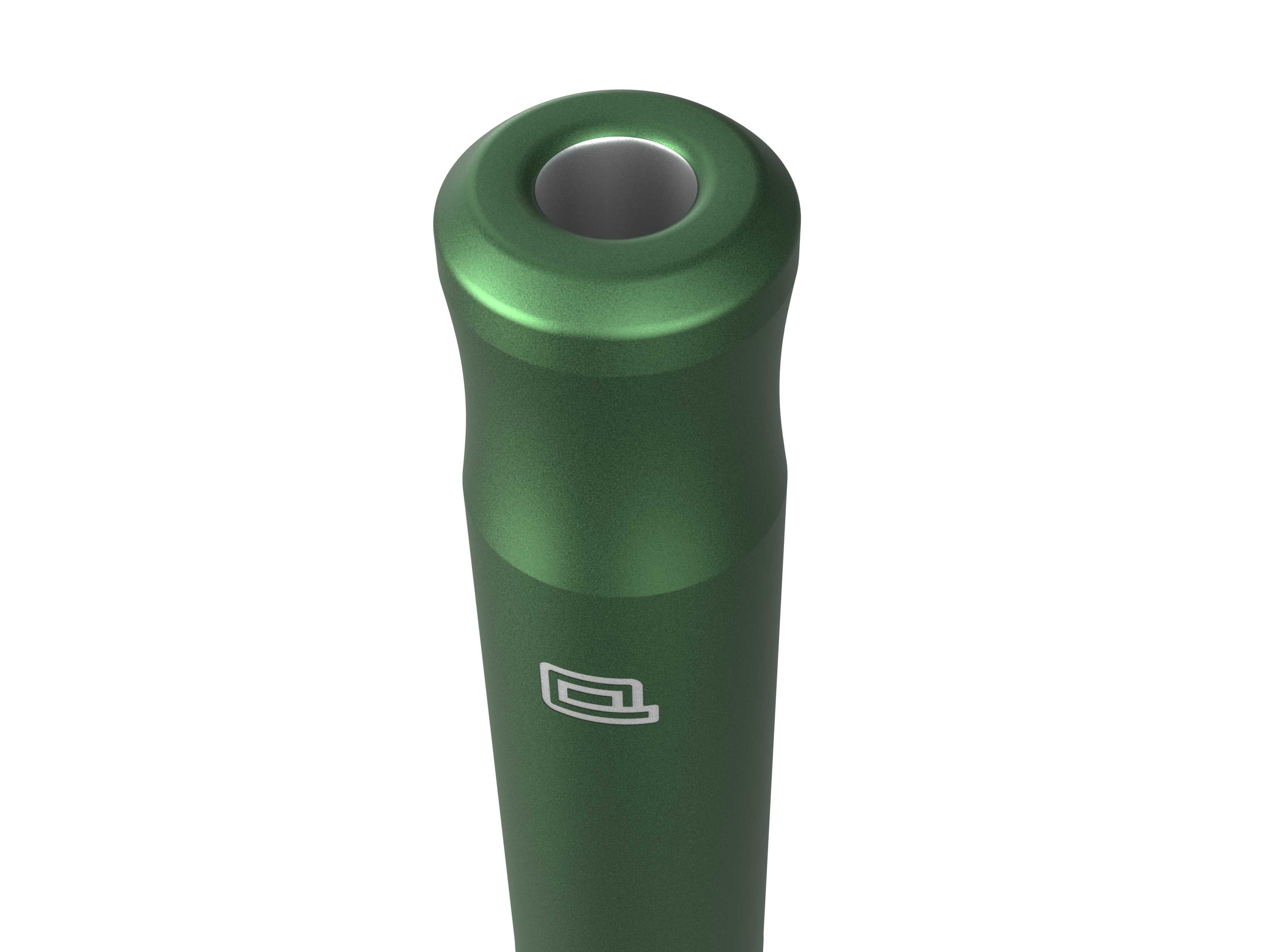 Lil' Duggie one-hitter pipe in Forest Green, mouth end view, showing laser-marked icon and bore.